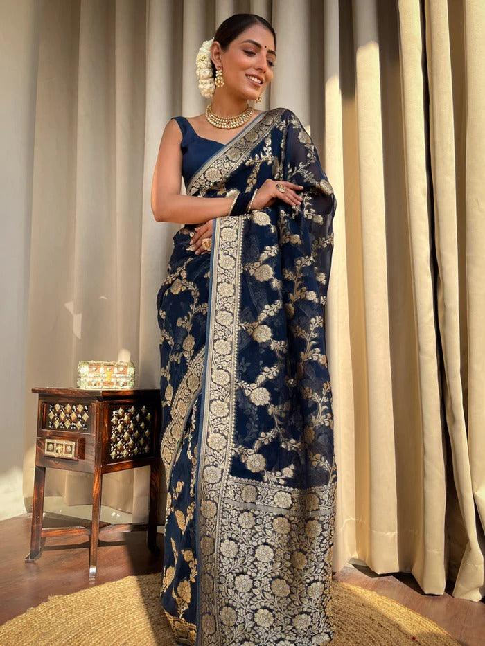 Liklee Blue Luxurious Banarasi Weaves iconic collections Silk Saree