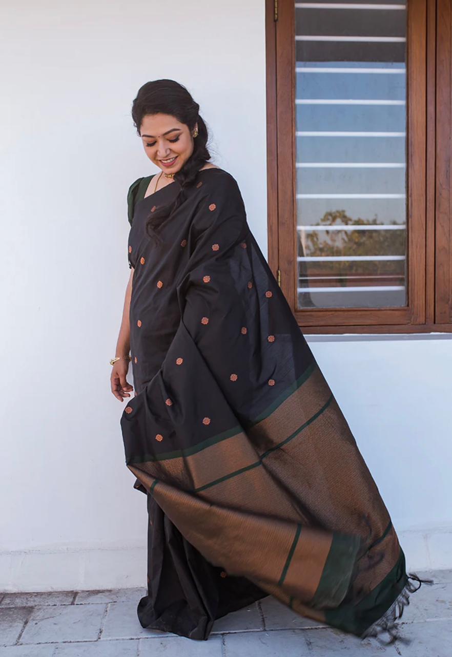 Liklee Stylish Black Soft Silk Saree with Unique Black Blouse Piece