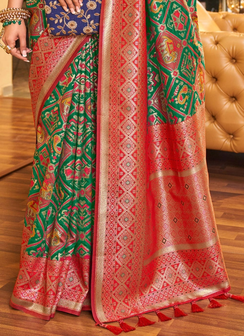 Liklee Ebullience Green Soft Silk Saree With Groovy Red Blouse Piece