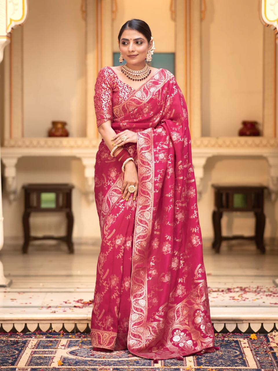 Liklee Flamboyant Pink Soft Silk Saree with Majesty Blouse Piece