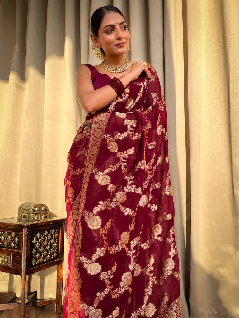 Liklee Maroon Luxurious Banarasi Weaves iconic collections Silk Saree