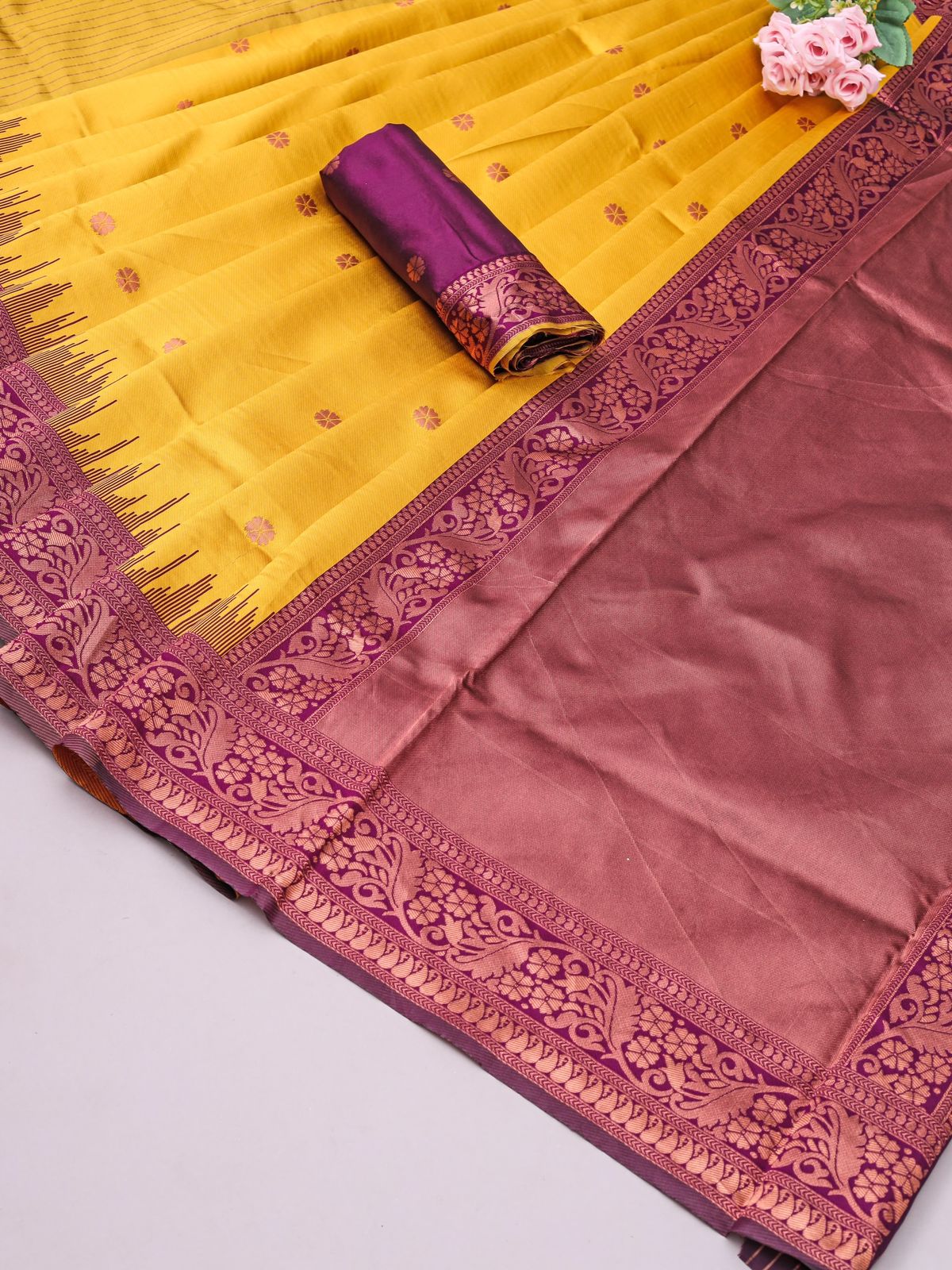 Liklee Yellow Blooming Banarasi Silk Saree With Ethnic Blouse Piece