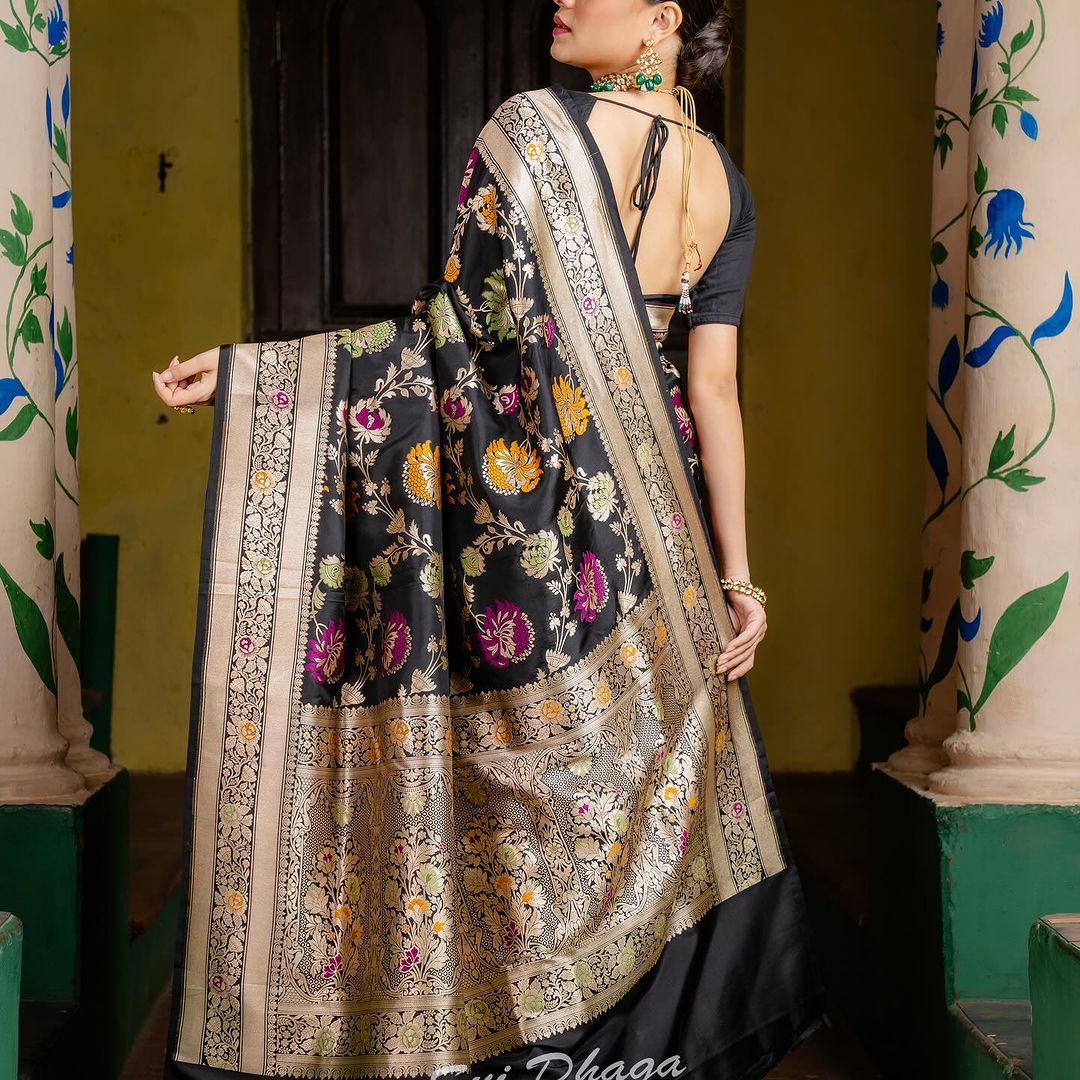 Liklee Black Soft Banarasi Silk Saree With Petrichor Blouse Piece