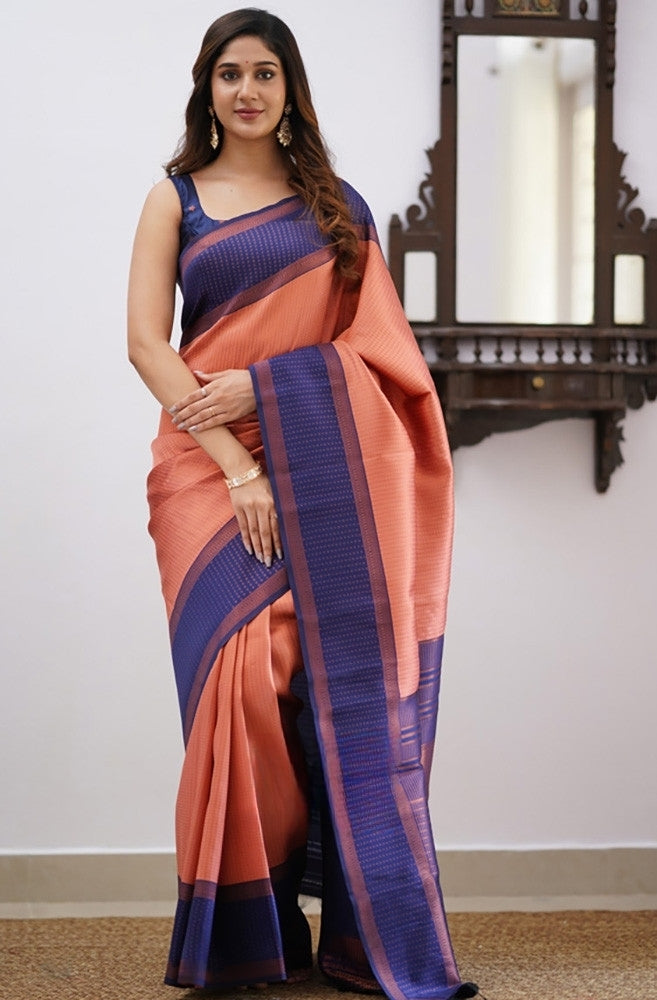 Liklee Orange Soft Banarasi Silk Saree with Unique Blouse Piece