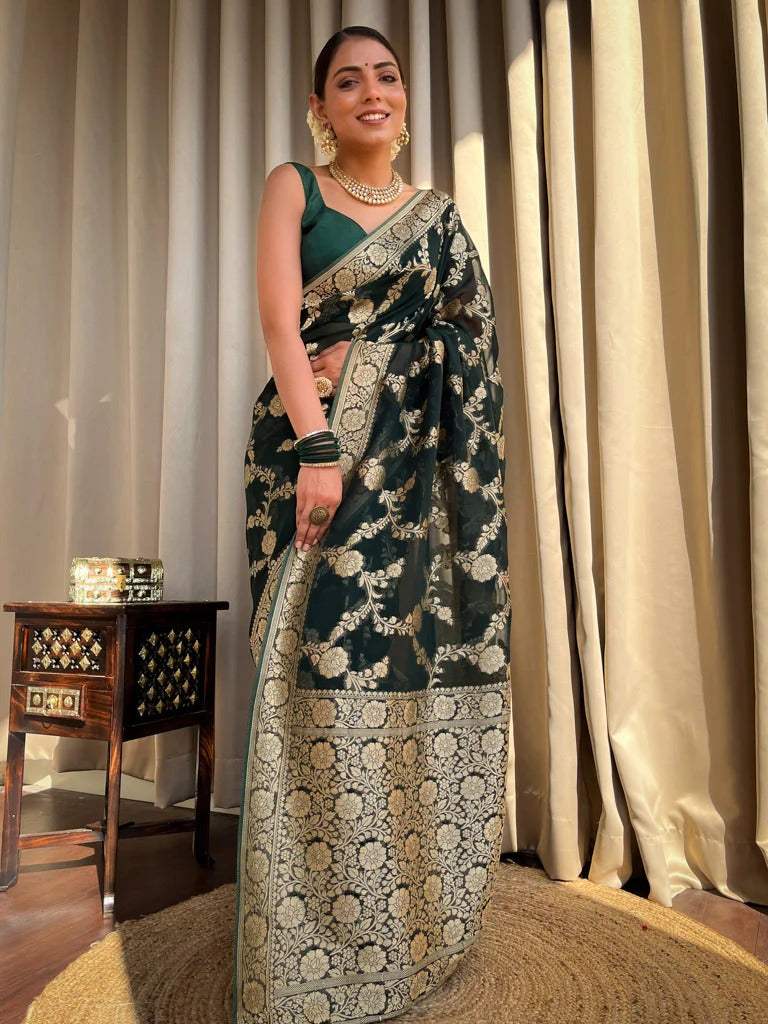 Liklee Green Luxurious Banarasi Weaves iconic collections Silk Saree