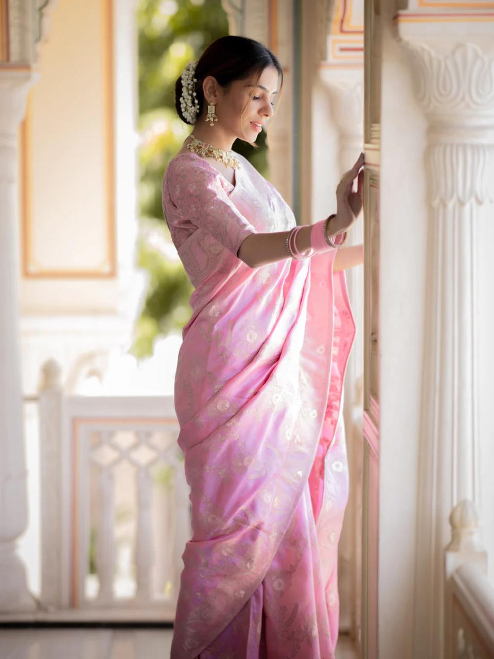 Liklee Flamboyant Baby Pink Soft Silk Saree with Majesty Blouse Piece