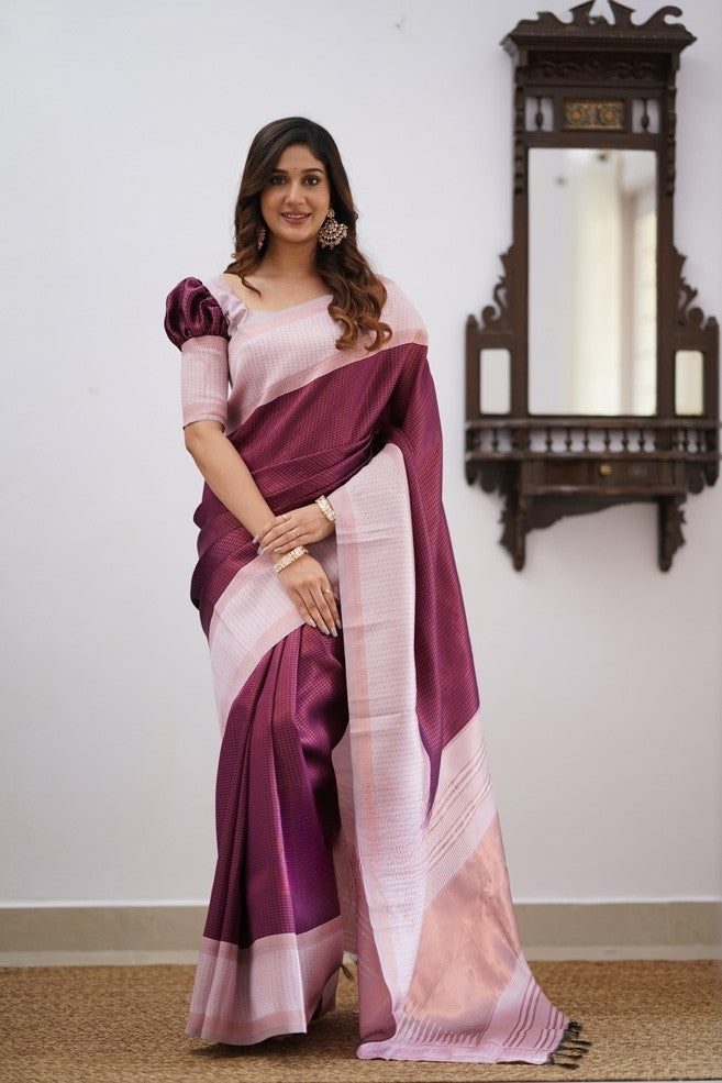 Liklee Wine Soft Banarasi Silk Saree with Unique Blouse Piece