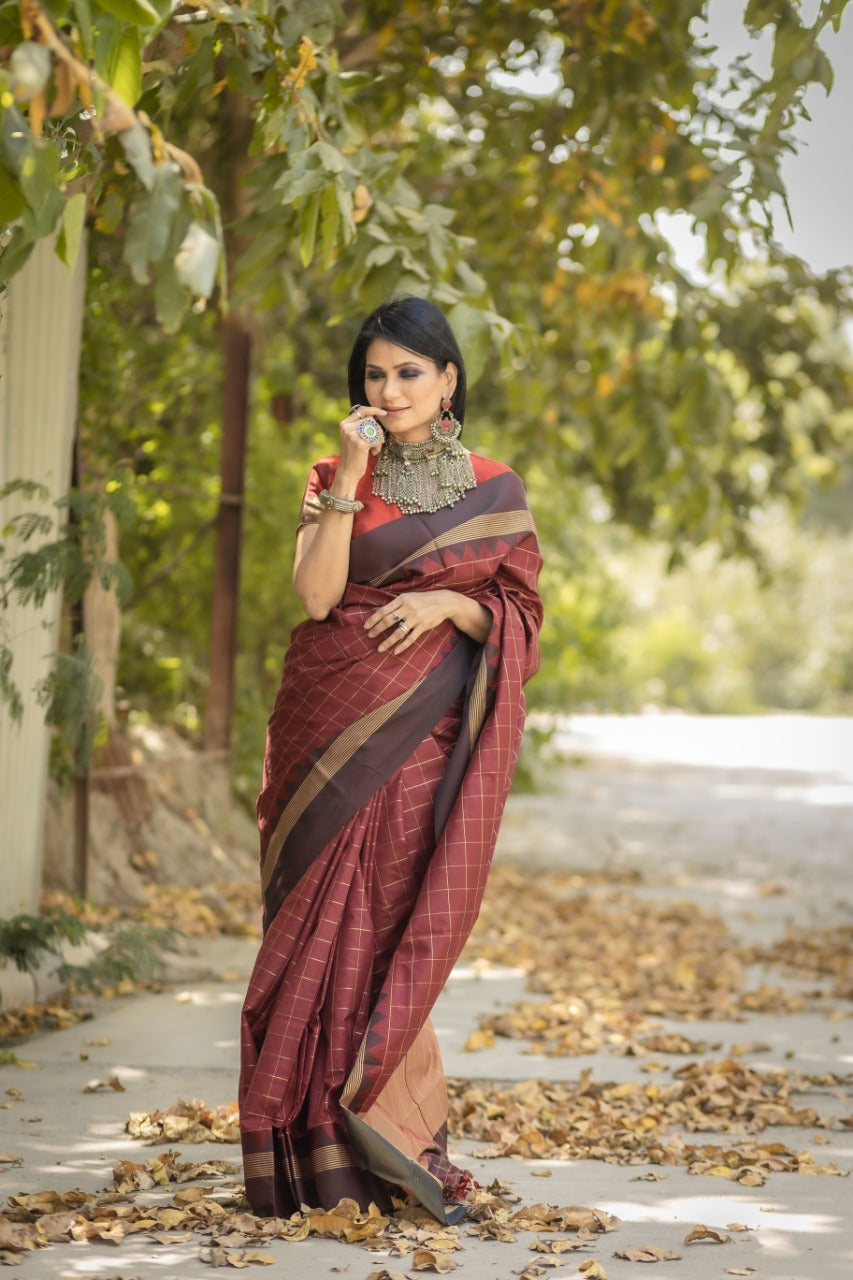 Liklee Brown Banarasi Colored Soft Silk Designer Saree With Blouse