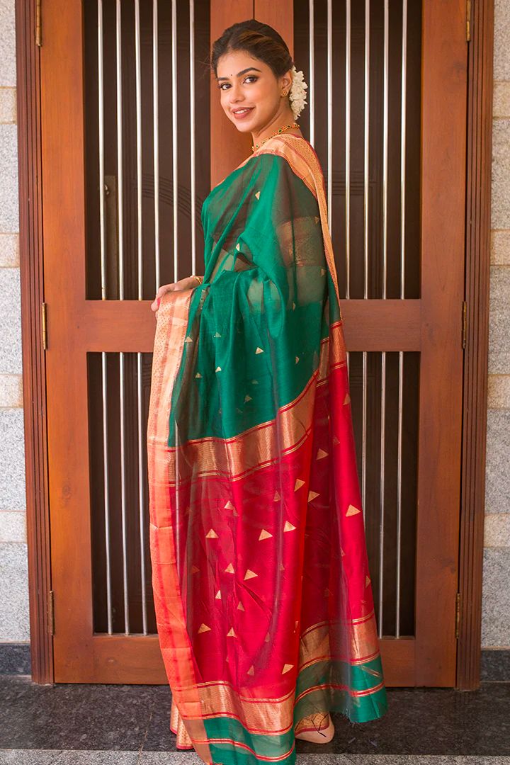 Liklee Green Women's Pure Katan Silk Banarasi Kadiyal Handloom Saree