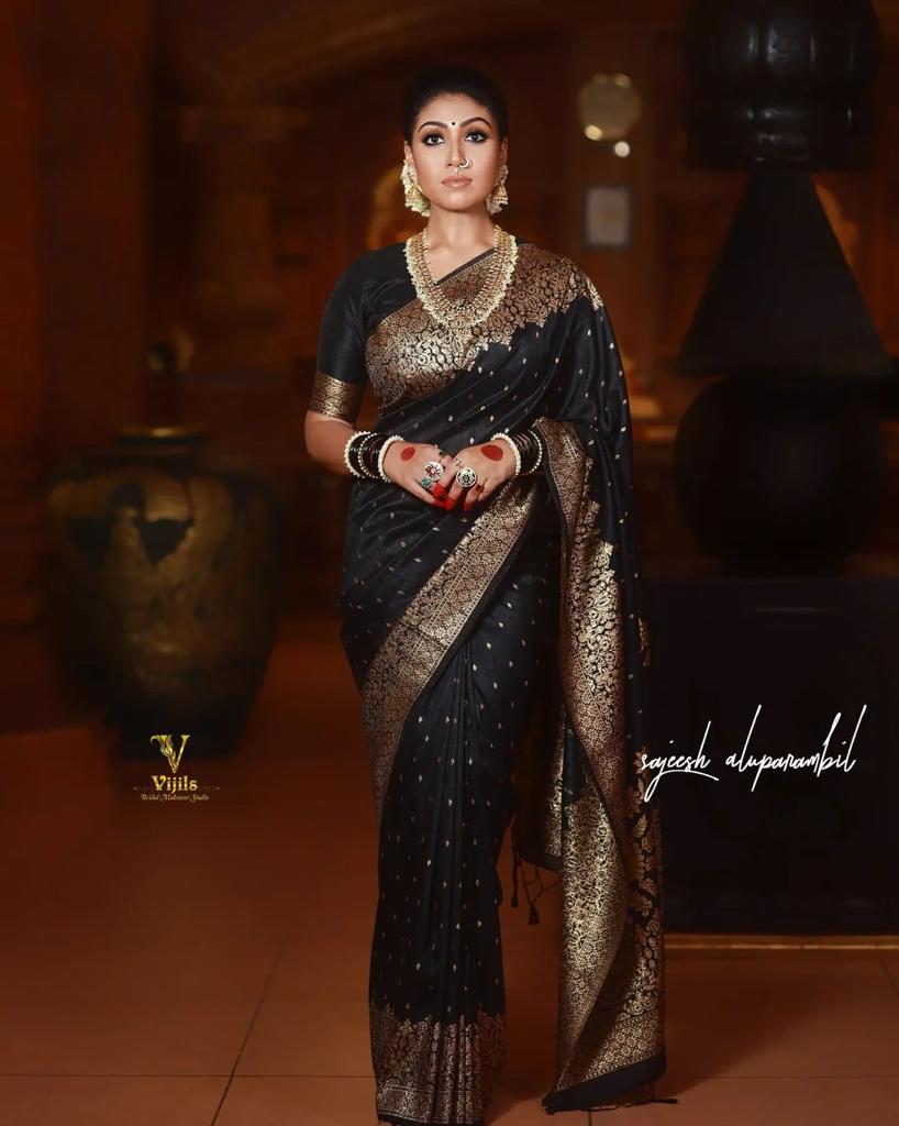 Liklee Black Handloom Weaving Silk Saree With Mesmeric Blue Blouse