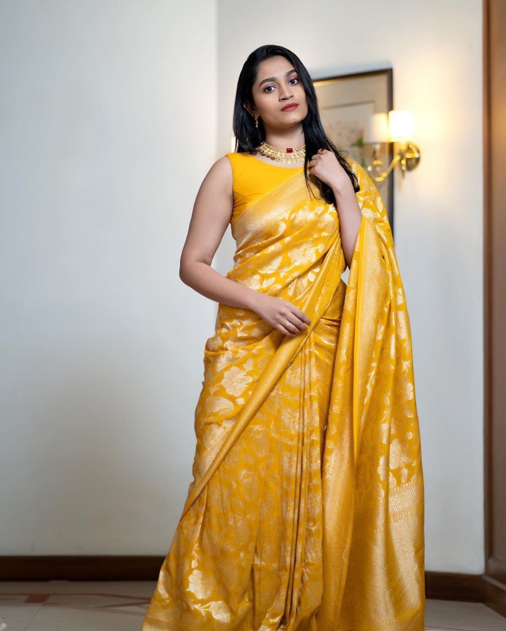 Liklee Yellow Lichi Silk Wedding Wear Banarasi Saree With Blouse