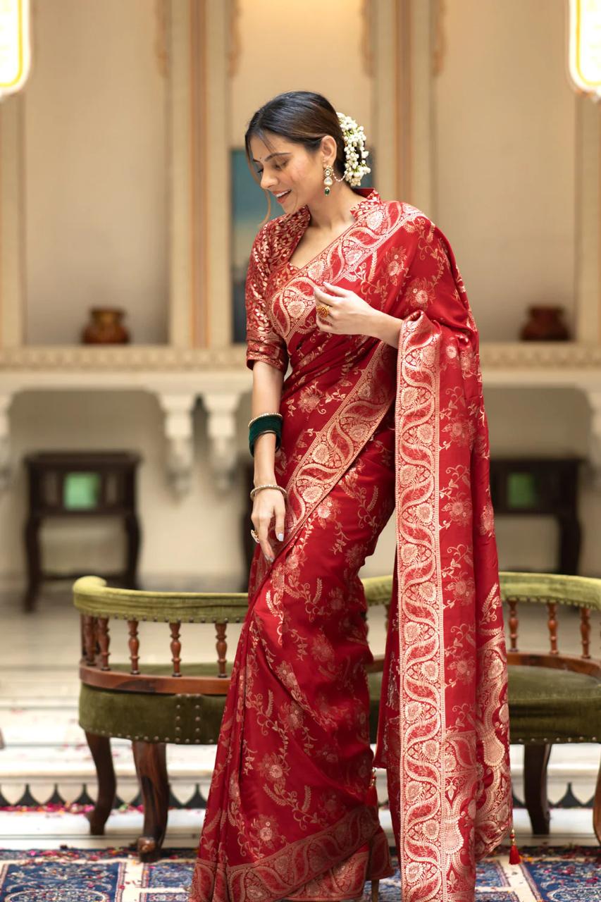 Liklee Flamboyant Red Soft Silk Saree with Majesty Blouse Piece