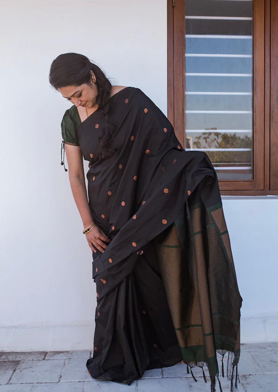 Liklee Stylish Black Soft Silk Saree with Unique Black Blouse Piece