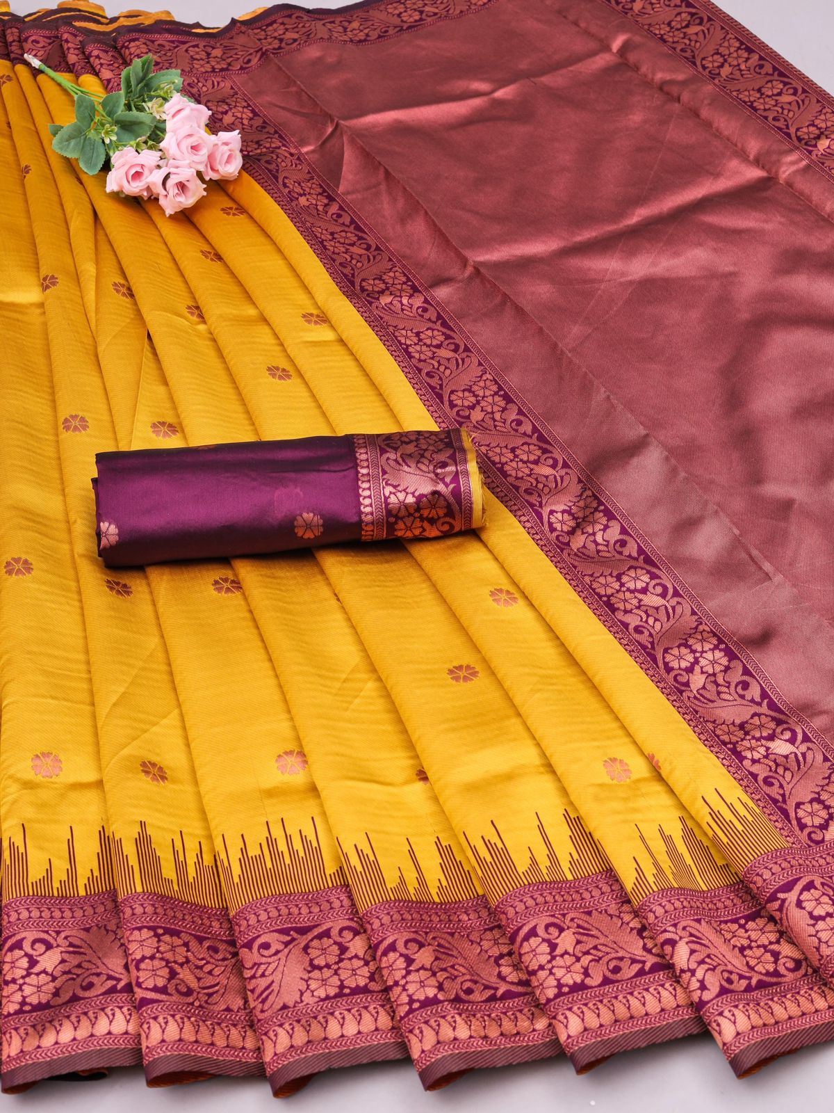 Liklee Yellow Blooming Banarasi Silk Saree With Ethnic Blouse Piece