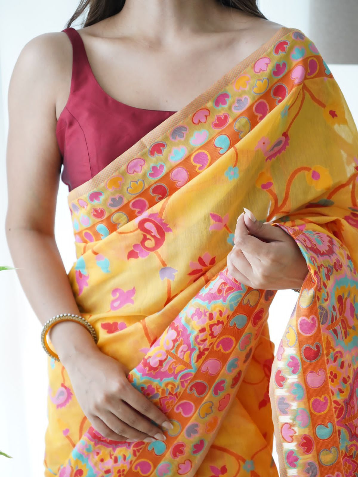 Liklee Yellow Women's Soft Banarsi Silk Saree With Stitched Blouse