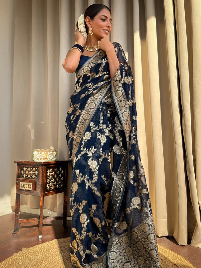 Liklee Blue Luxurious Banarasi Weaves iconic collections Silk Saree