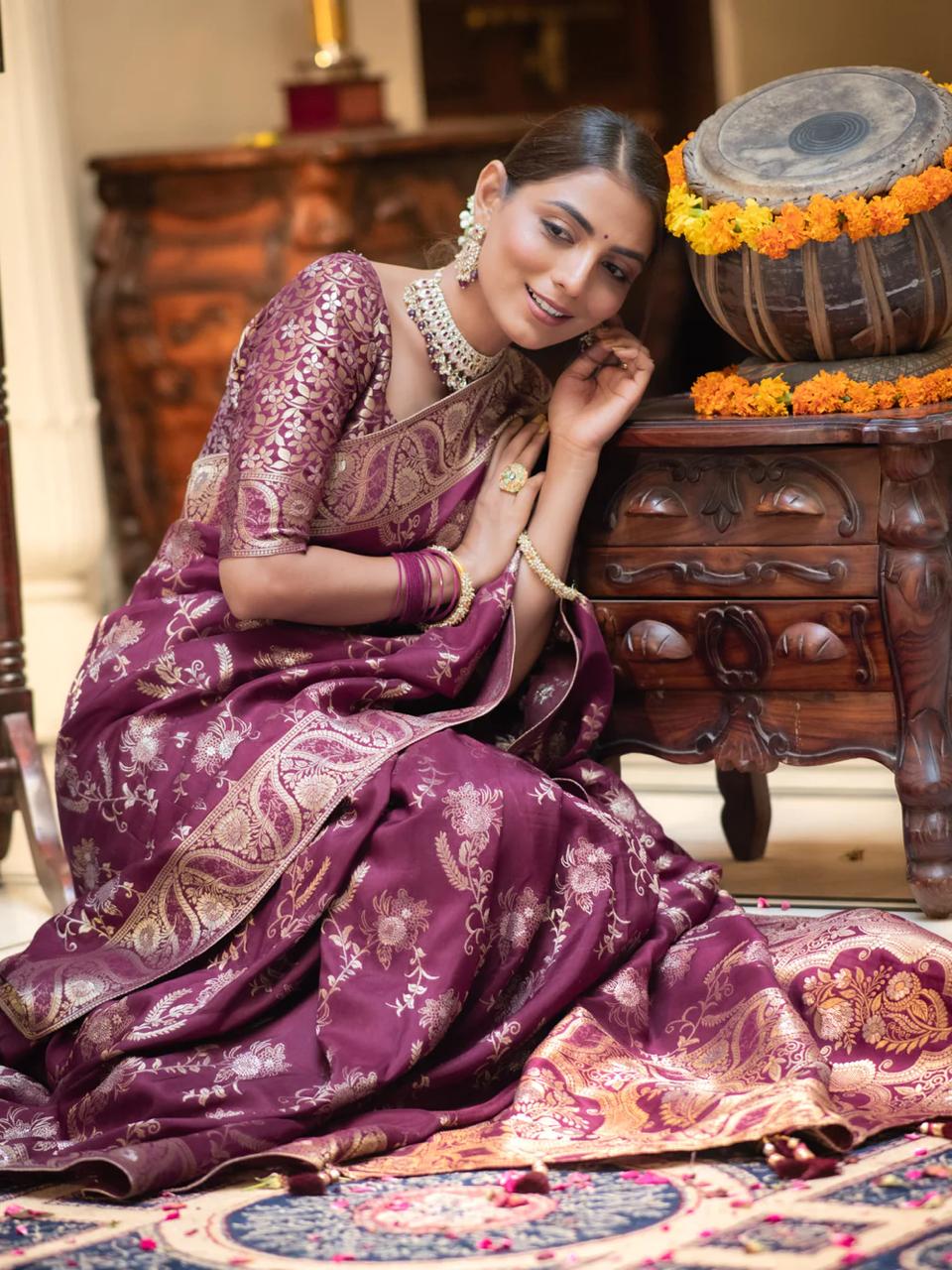 Liklee Flamboyant Wine Soft Silk Saree with Majesty Blouse Piece