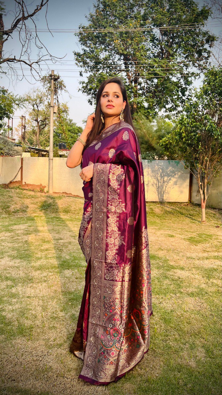 Liklee Flamboyant Wine Soft Silk Saree with Majesty Blouse Piece