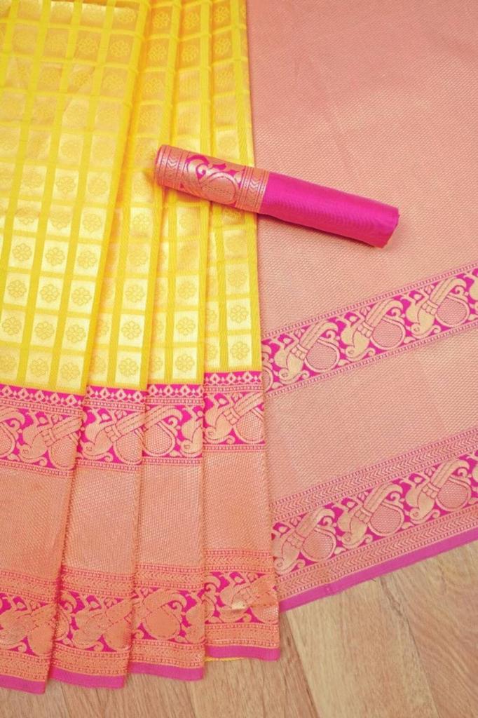 Liklee Stylish Yellow Soft Silk Saree with Unique Pink Blouse Piece