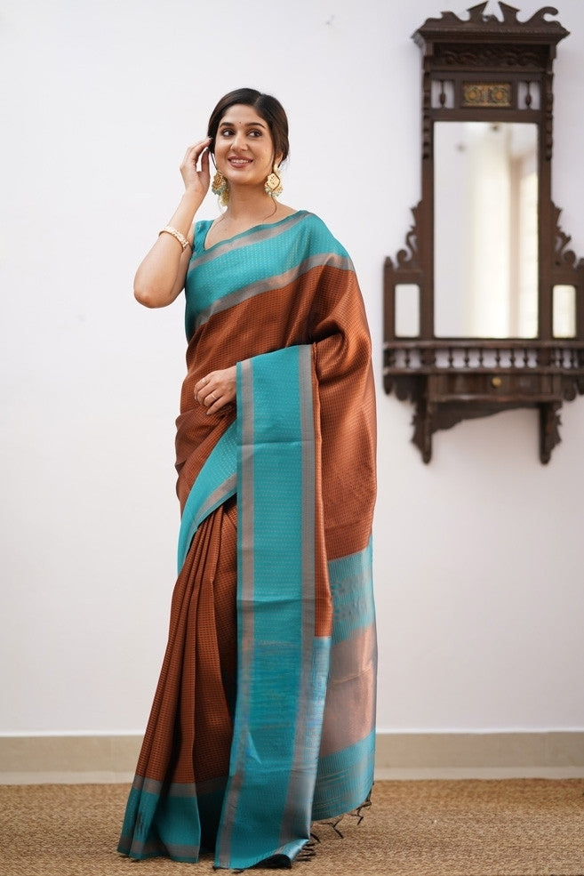 Liklee Brown Soft Banarasi Silk Saree with Unique Blouse Piece