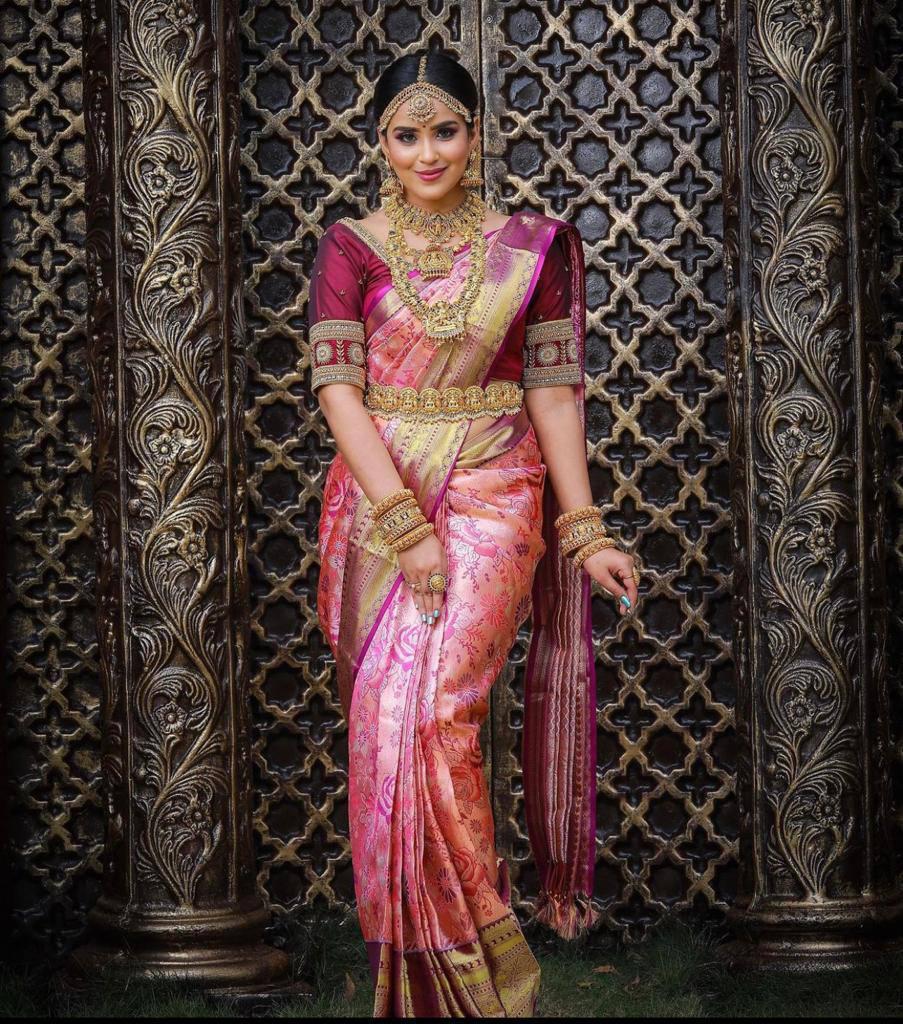 Liklee Pink Soft Fancy Silk Saree With Glowing Maroon Blouse Piece