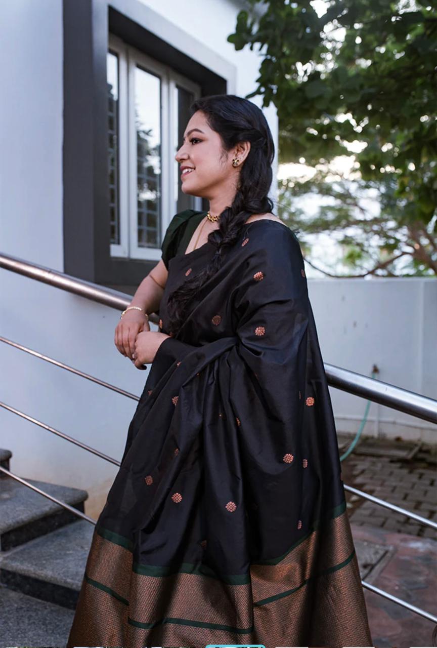 Liklee Stylish Black Soft Silk Saree with Unique Black Blouse Piece