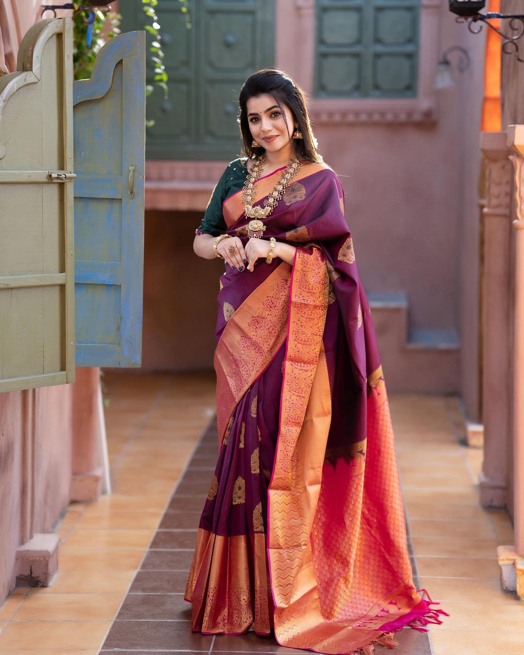 Liklee Wine Soft Banarasi Silk Saree with Unique Blouse Piece