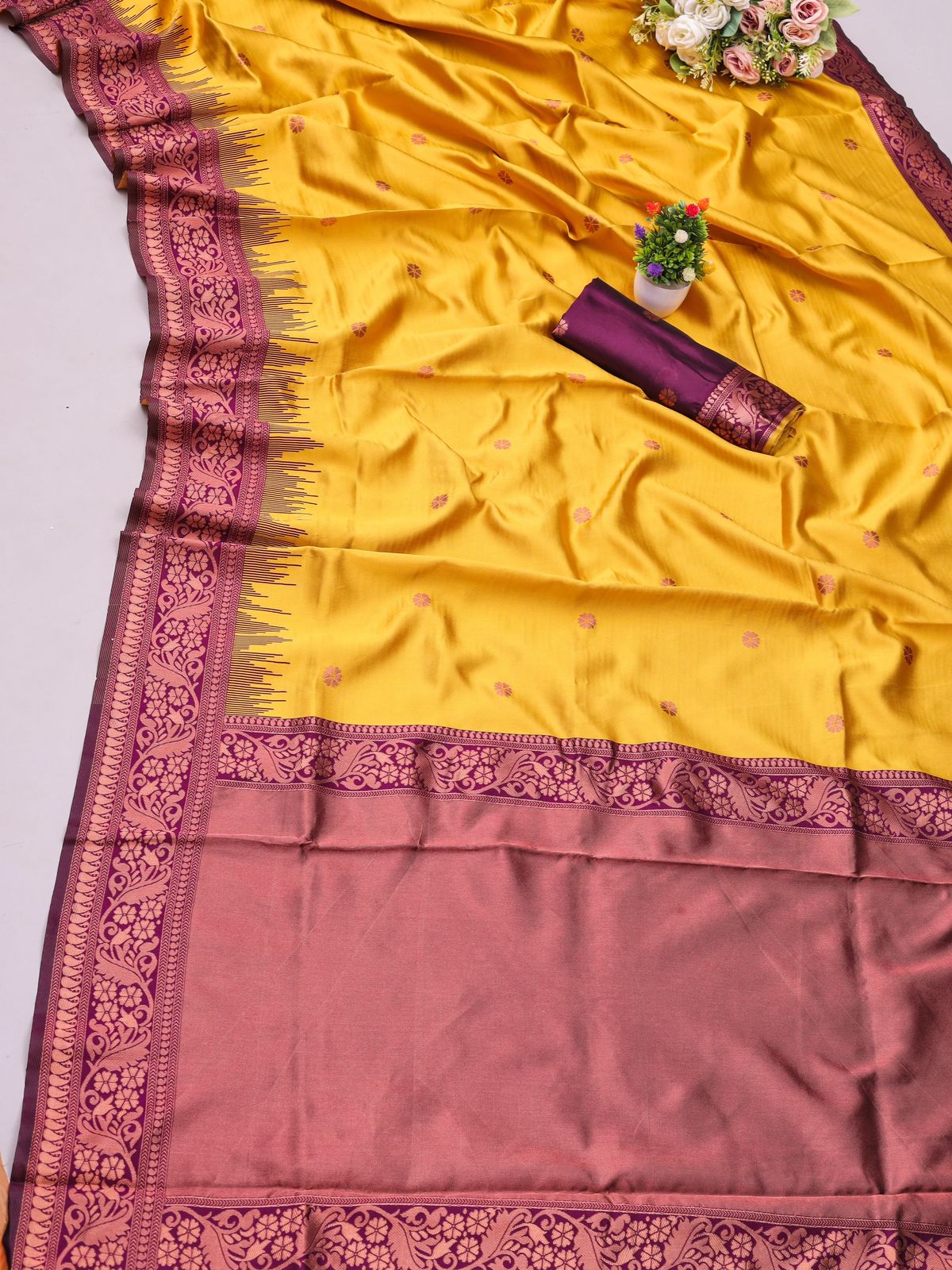 Liklee Yellow Blooming Banarasi Silk Saree With Ethnic Blouse Piece