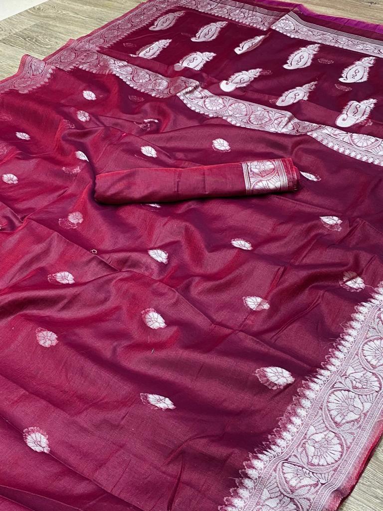 Liklee Lagniappe Wine Soft Silk Saree With Devastating Blouse Piece