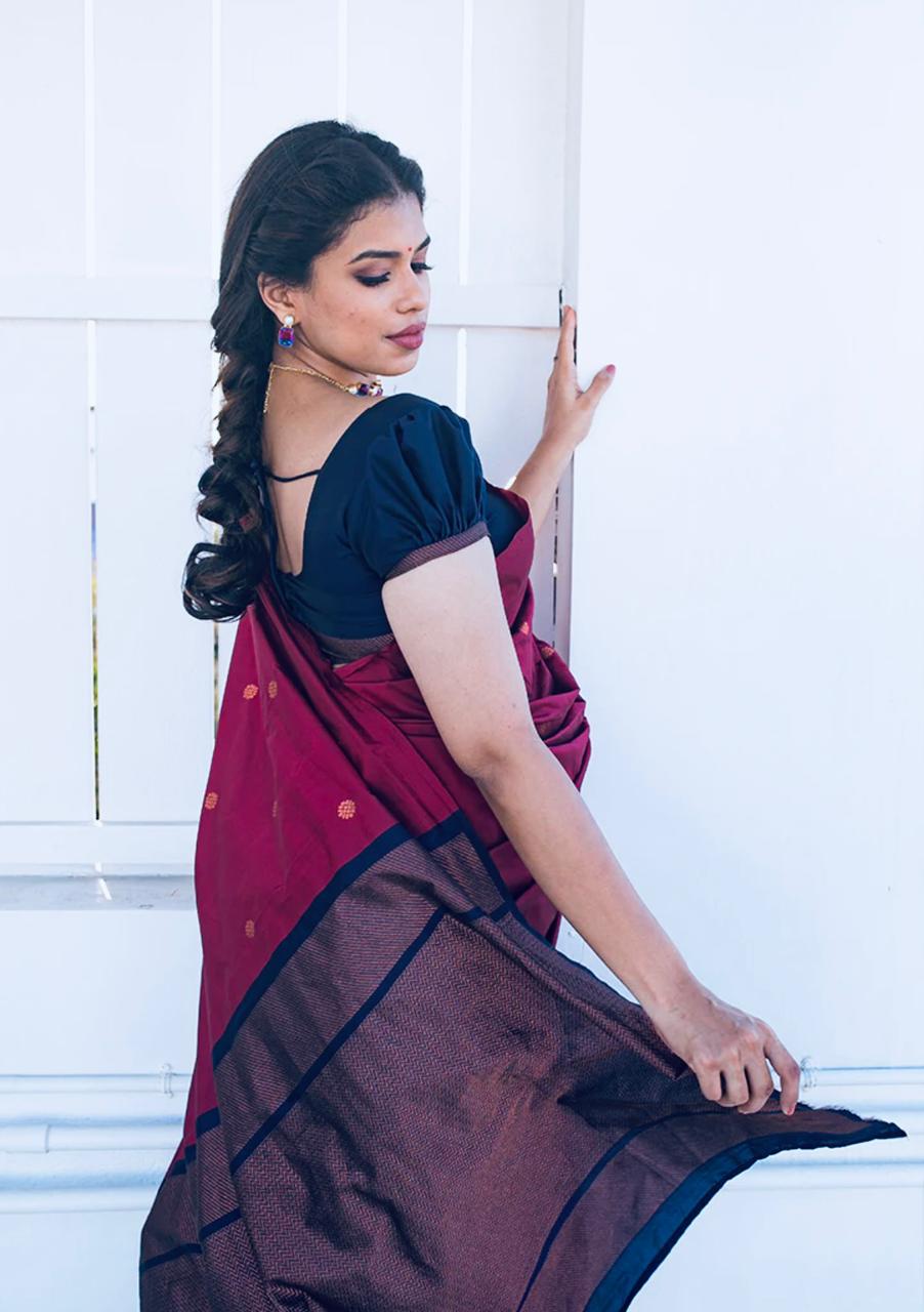 Liklee Stylish Wine Soft Silk Saree with Unique Blue Blouse Piece