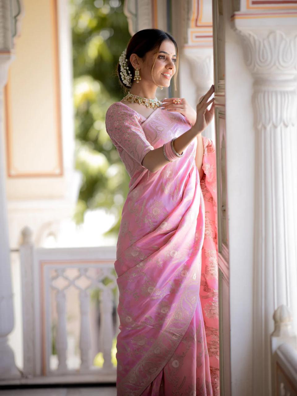 Liklee Flamboyant Baby Pink Soft Silk Saree with Majesty Blouse Piece