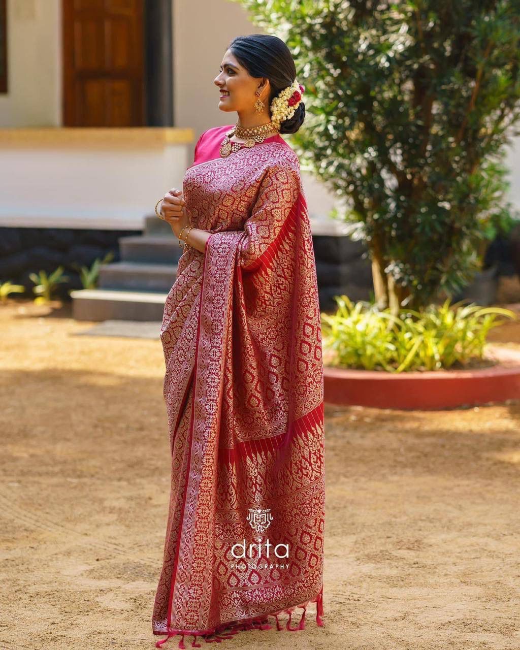 Liklee Pink Soft Banarasi Silk Saree With Petrichor Blouse Piece