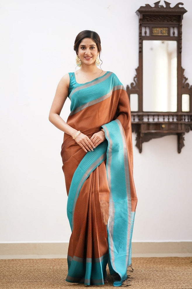 Liklee Brown Soft Banarasi Silk Saree with Unique Blouse Piece