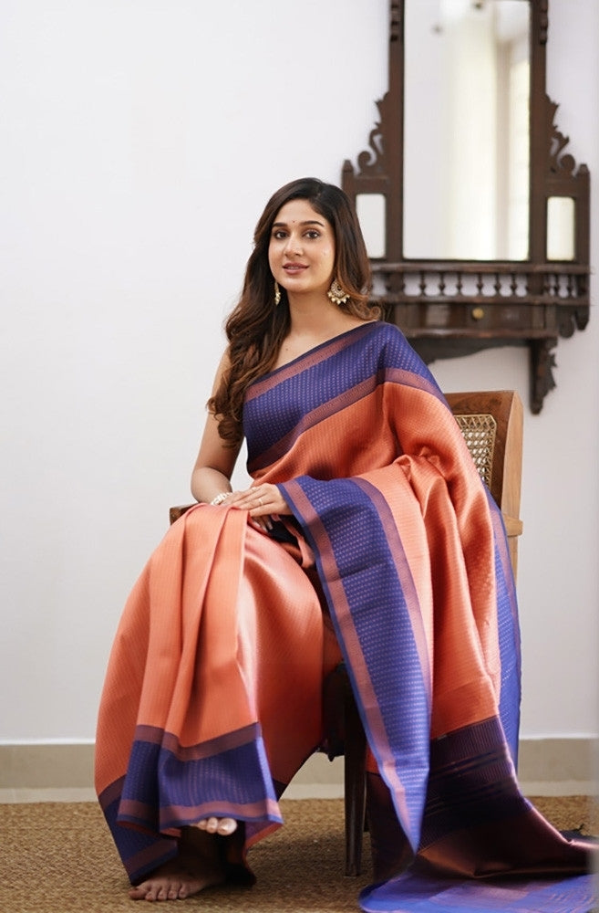 Liklee Orange Soft Banarasi Silk Saree with Unique Blouse Piece