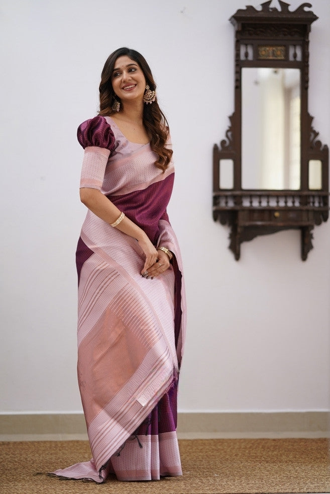 Liklee Wine Soft Banarasi Silk Saree with Unique Blouse Piece