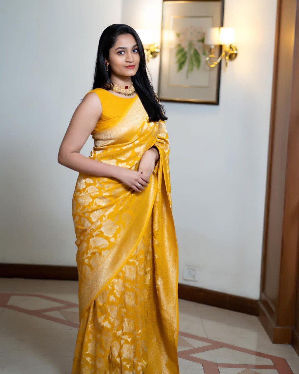 Liklee Yellow Lichi Silk Wedding Wear Banarasi Saree With Blouse