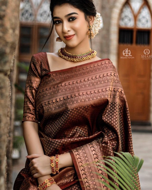 Liklee Brown Jacquard Checks Soft Lichi Silk Saree With Blouse Piece