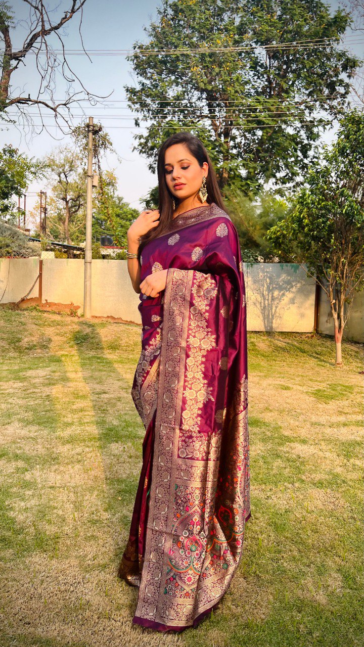 Liklee Flamboyant Wine Soft Silk Saree with Majesty Blouse Piece