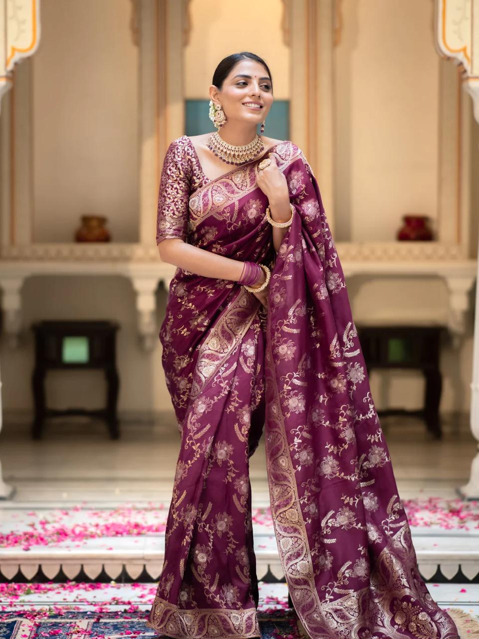 Liklee Flamboyant Wine Soft Silk Saree with Majesty Blouse Piece