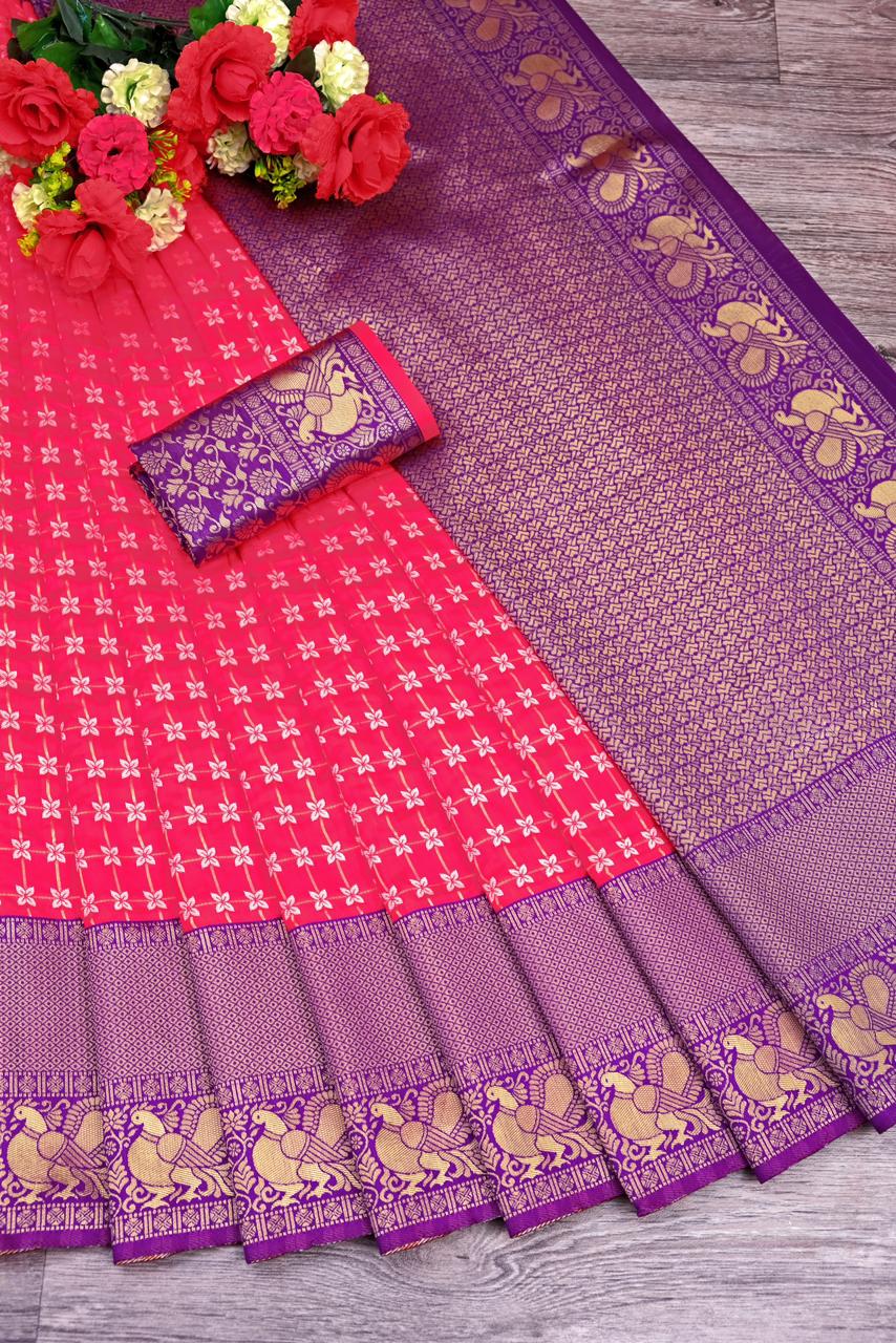 Liklee Inspiring Pink Soft Silk Saree with Fancy Blouse Piece