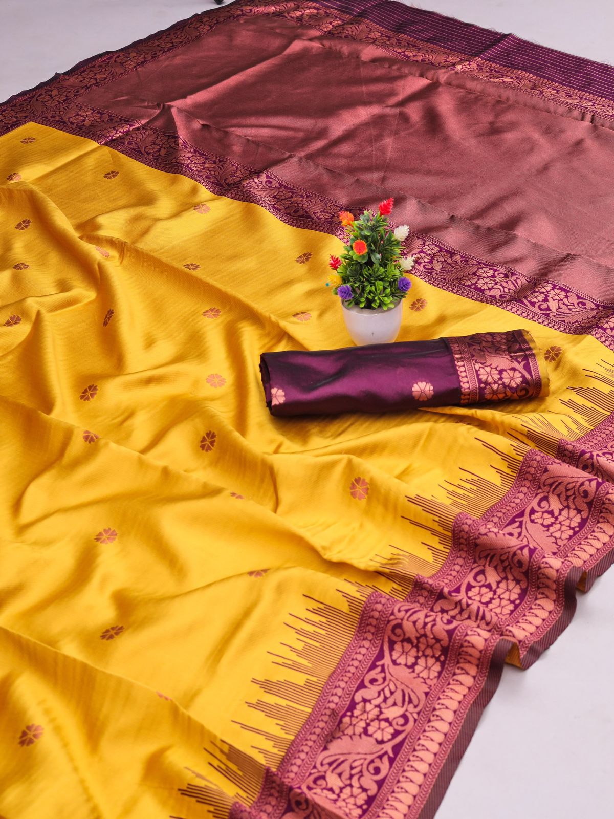 Liklee Yellow Blooming Banarasi Silk Saree With Ethnic Blouse Piece