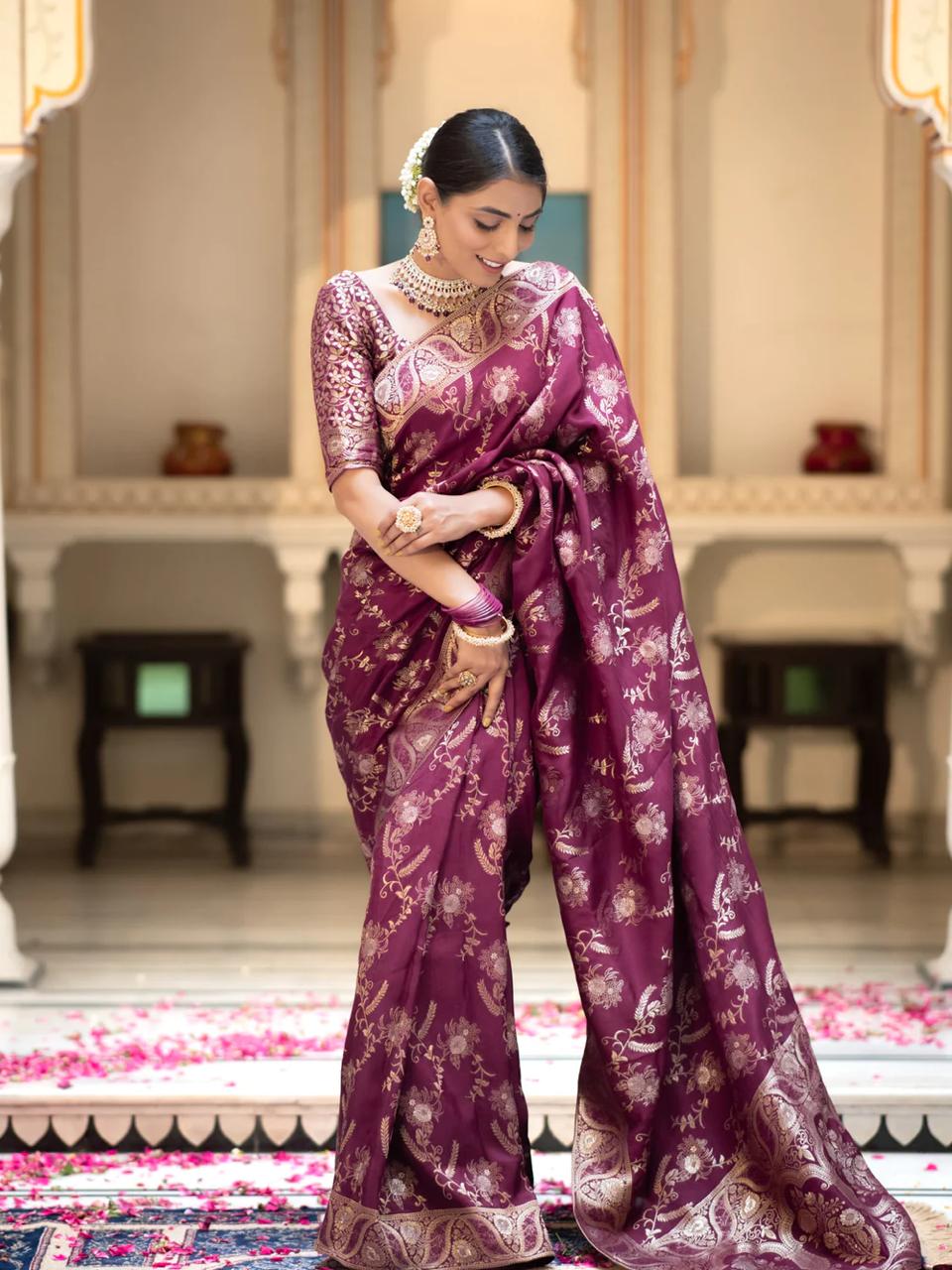 Liklee Flamboyant Wine Soft Silk Saree with Majesty Blouse Piece