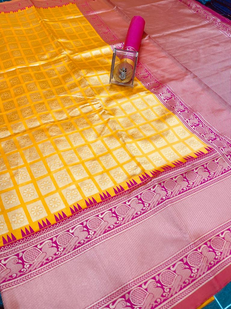 Liklee Stylish Yellow Soft Silk Saree with Unique Pink Blouse Piece