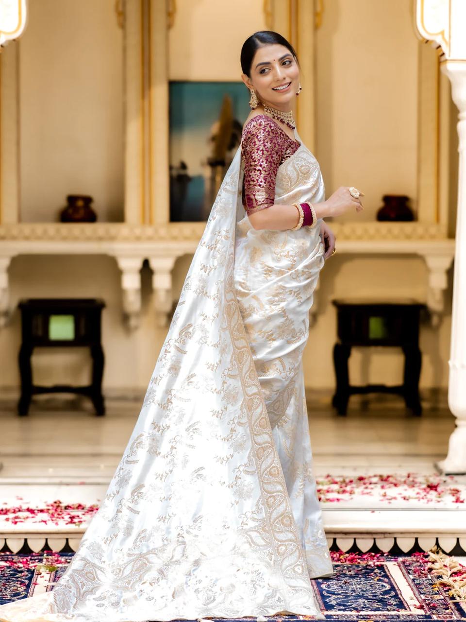 Liklee Flamboyant White Soft Silk Saree with Majesty Blouse Piece