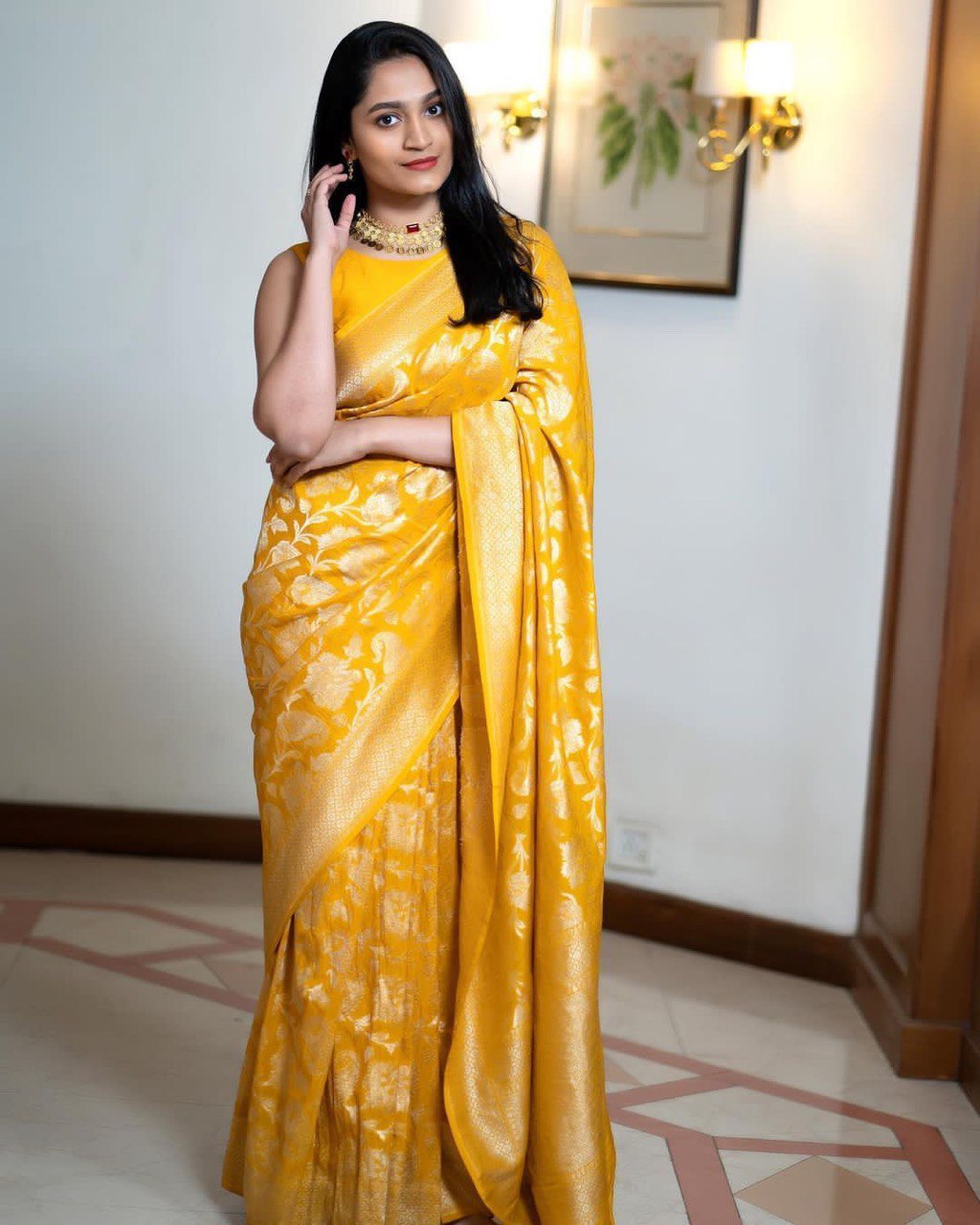 Liklee Yellow Lichi Silk Wedding Wear Banarasi Saree With Blouse