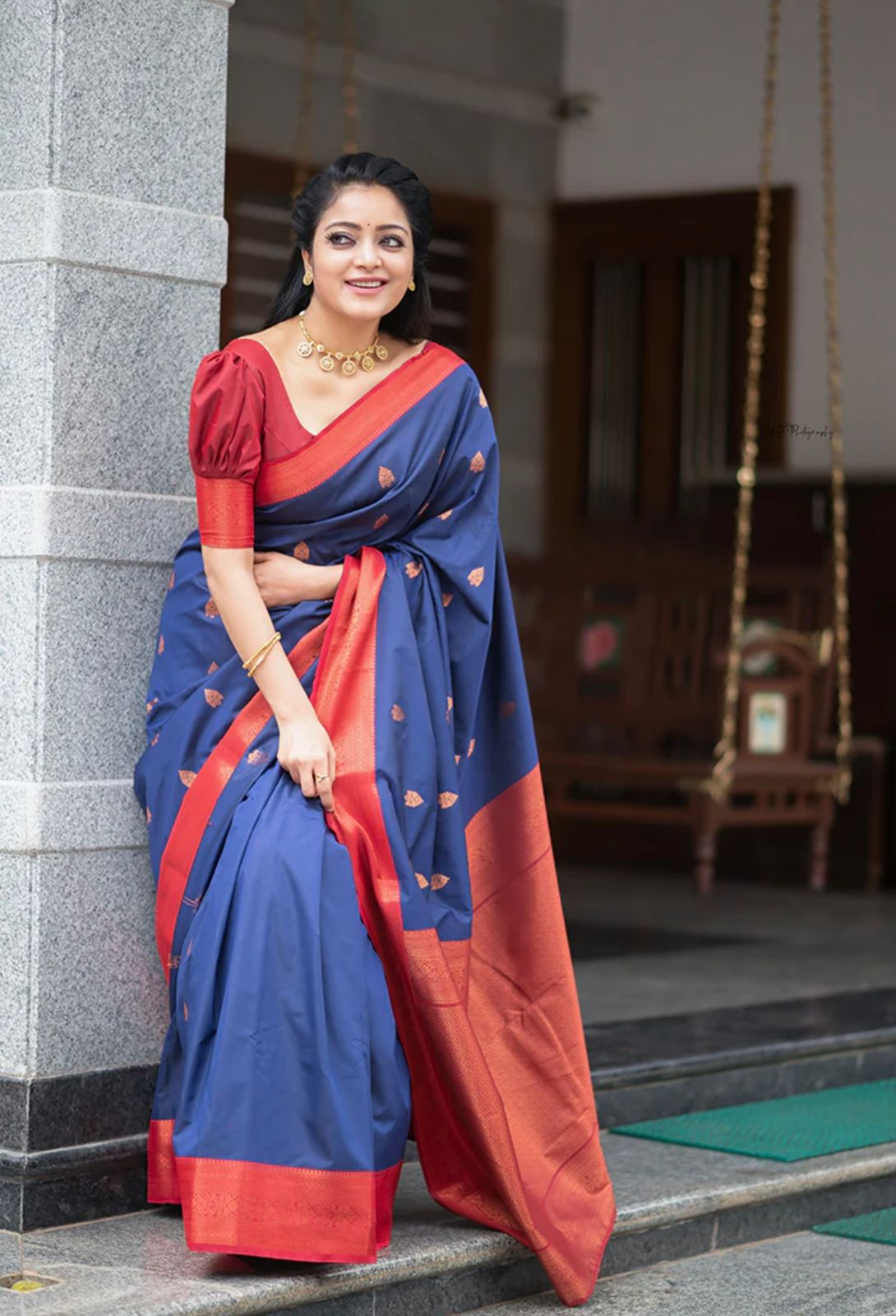 Liklee Blue Banarasi Silk Saree With Efflorescence Blouse Piece