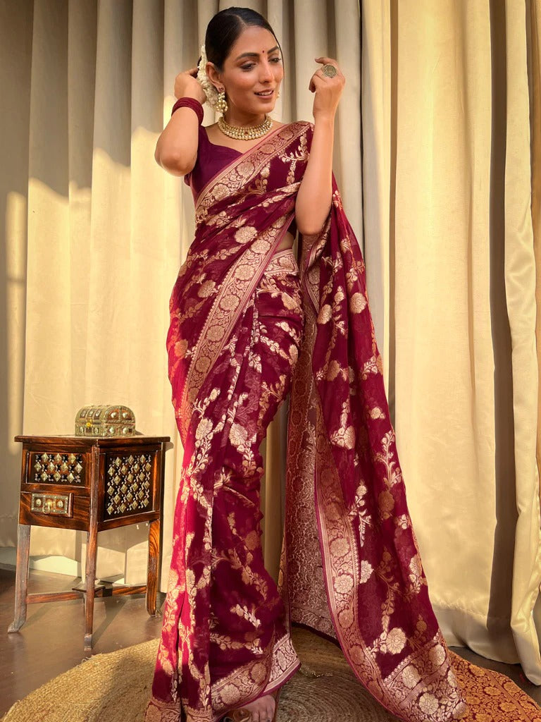 Liklee Maroon Luxurious Banarasi Weaves iconic collections Silk Saree