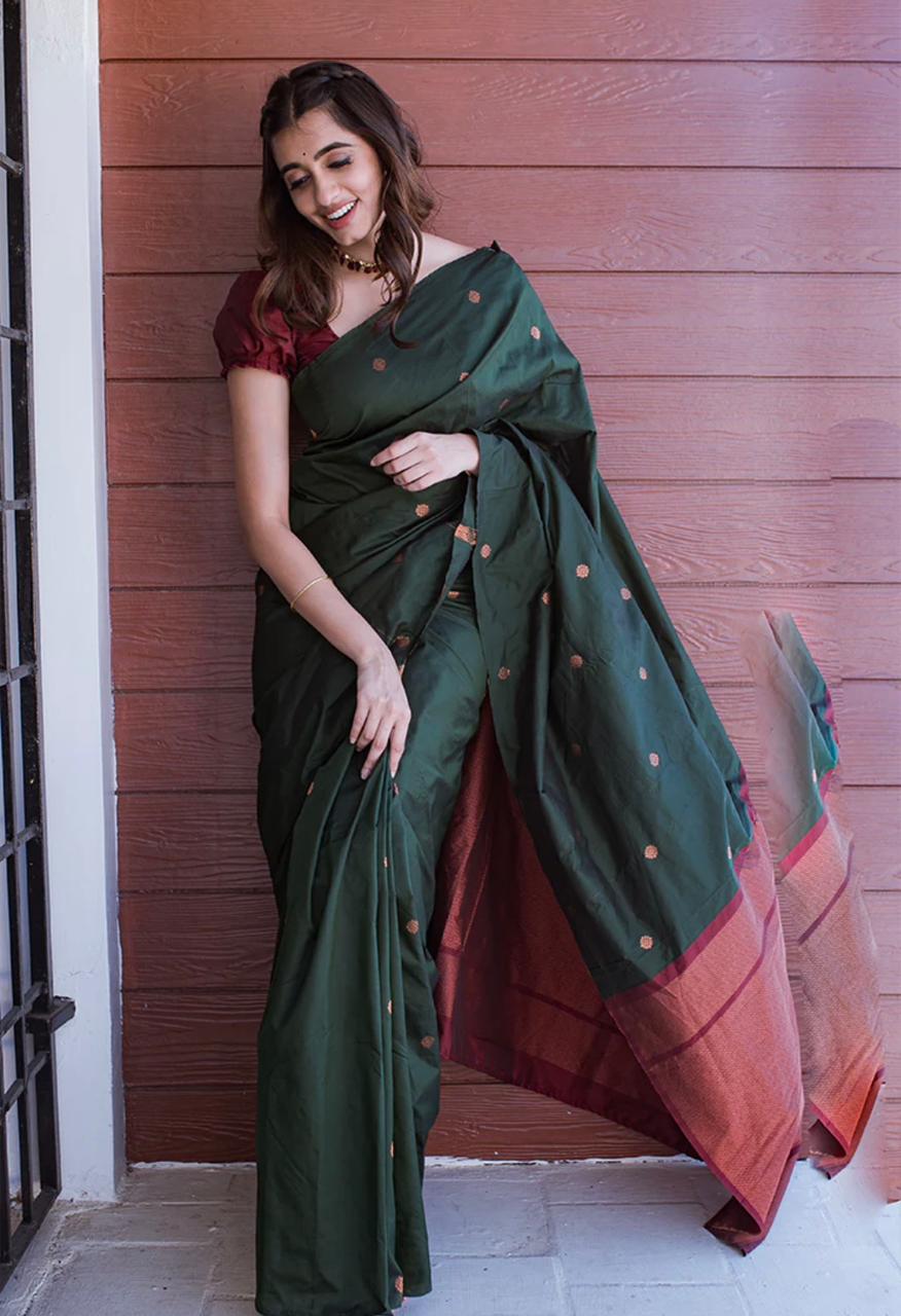 Liklee Green Banarasi Silk Saree With Dark Maroon Blouse Piece