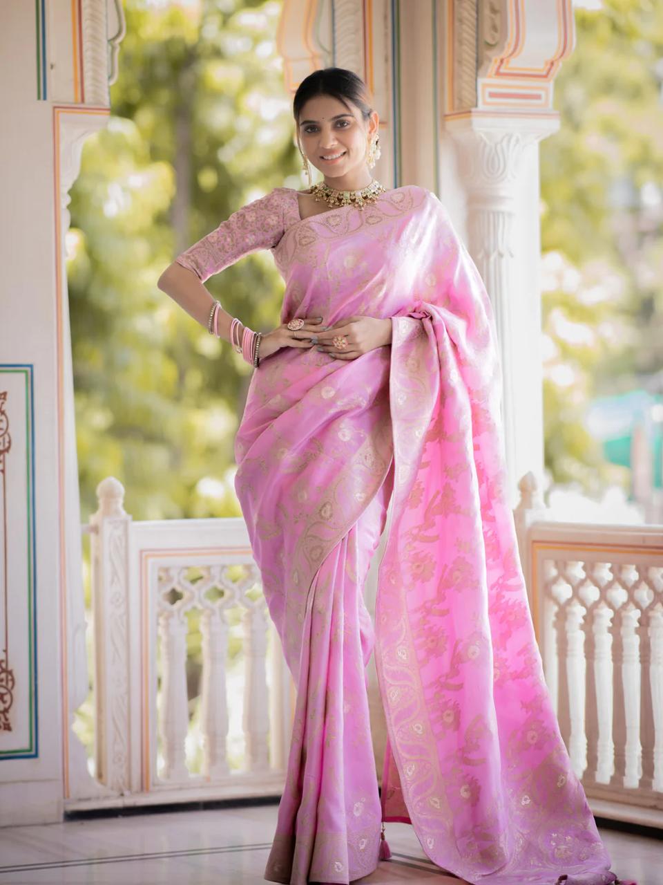 Liklee Flamboyant Baby Pink Soft Silk Saree with Majesty Blouse Piece