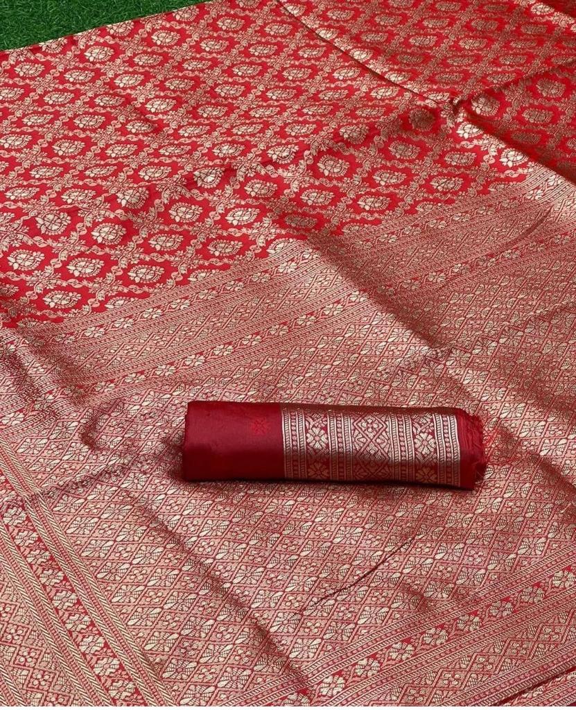 Liklee Red Women's Banarasi Silver Zari Weaving Silk Saree